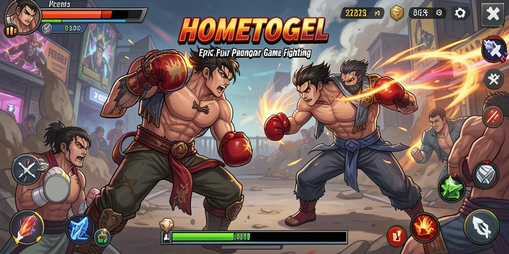 Screenshot HOMETOGEL menampilkan pertarungan seru antara karakter dengan grafik mengesankan.