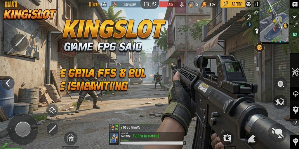 Tampilan dinamis gameplay KINGSLOT dalam pertempuran FPS.