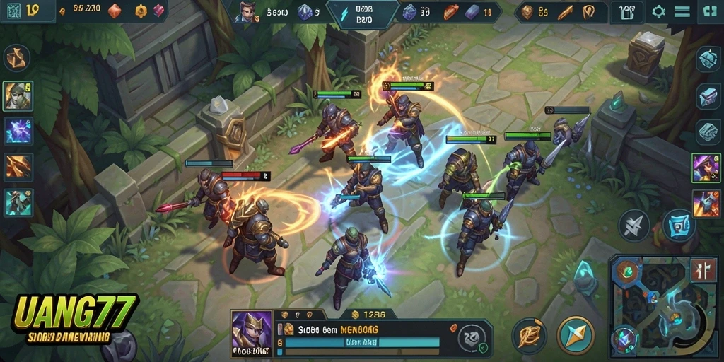 Tangkapan layar menampilkan aksi seru gameplay MOBA UANG77.